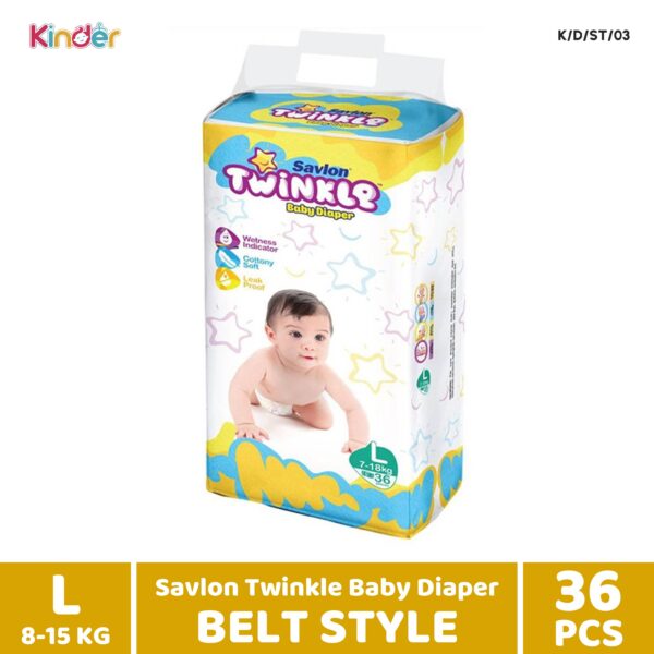 Twinkle Savlon Baby Diaper L Belt 36 PCS (8-15 Kg)